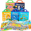 A set of colorful reusable cartoon sticker books featuring dinosaurs, space, marine organisms, and animals in a forest.