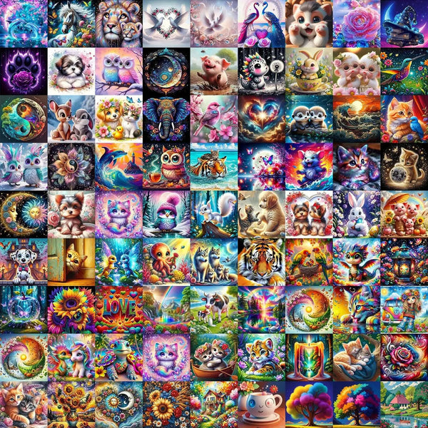 A collection of diamond painting kits featuring various cartoon and floral art designs.