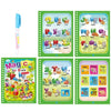 A set of eight pages of magic water coloring book activities for toddlers featuring various animals and shapes.