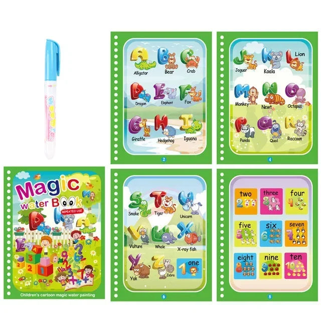 A set of eight pages of magic water coloring book activities for toddlers featuring various animals and shapes.