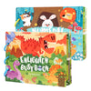 A colorful Montessori Busy Book featuring woodland animals like a lion, rabbit, and dinosaur on a wooden background.