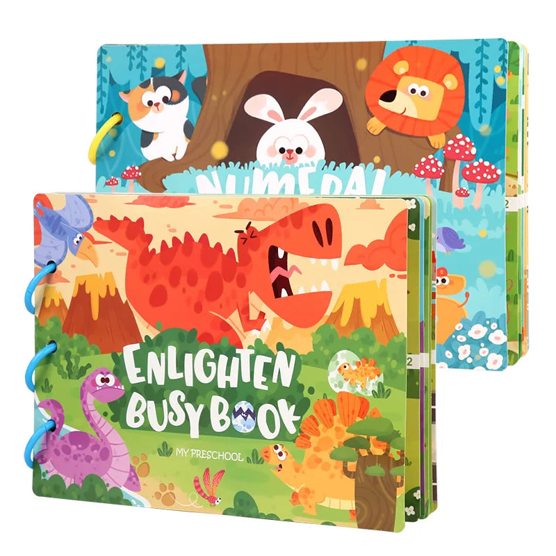 A colorful Montessori Busy Book featuring woodland animals like a lion, rabbit, and dinosaur on a wooden background.
