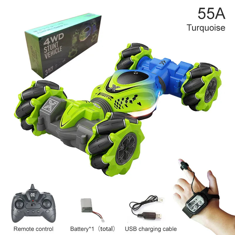 A 55A Turquoise stunt vehicle remote control with a gesture control feature, battery, and USB charging cable.