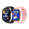 A pink kids smart watch with a black strap displaying the time 10:08 and a game interface.