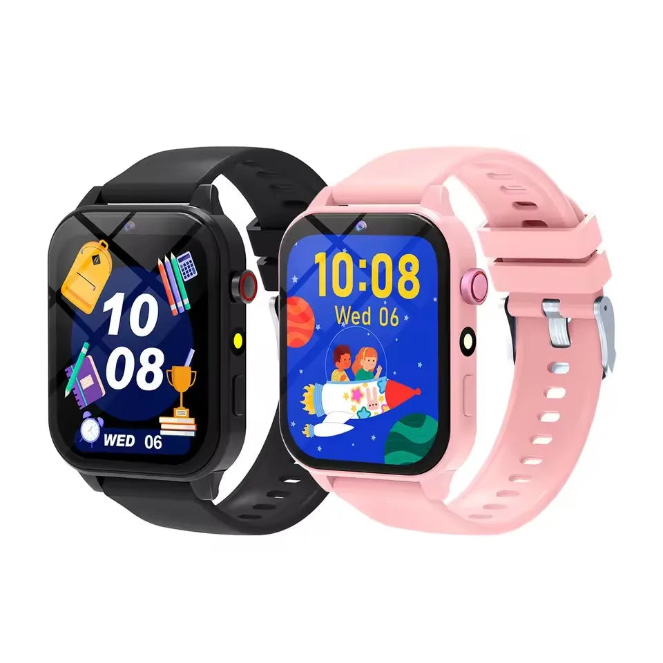 A pink kids smart watch with a black strap displaying the time 10:08 and a game interface.