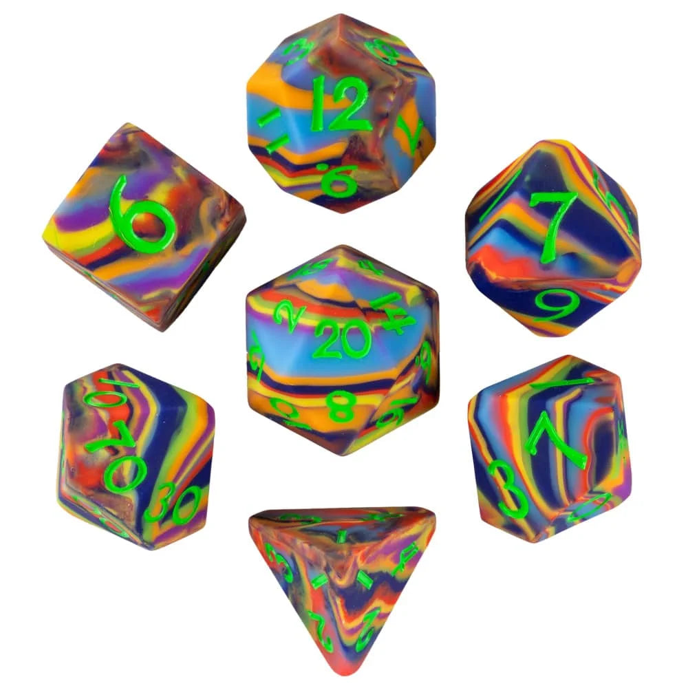 A set of silicone polyhedral dice, including a d12, d6, and d20, displayed on a white background.