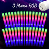 A set of LED foam glow sticks displaying three different RGB light modes arranged in a fan shape.