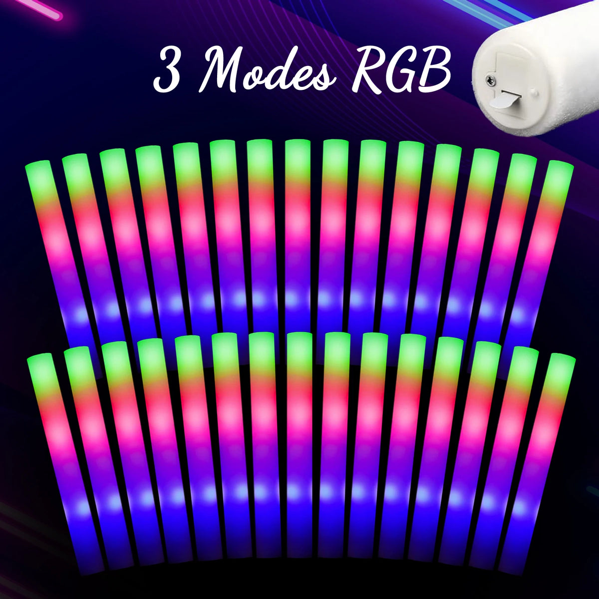 A set of LED foam glow sticks displaying three different RGB light modes arranged in a fan shape.