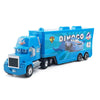 Blue and yellow Diecast toy hauler truck featuring a dinosaur themed logo and a car silhouette.