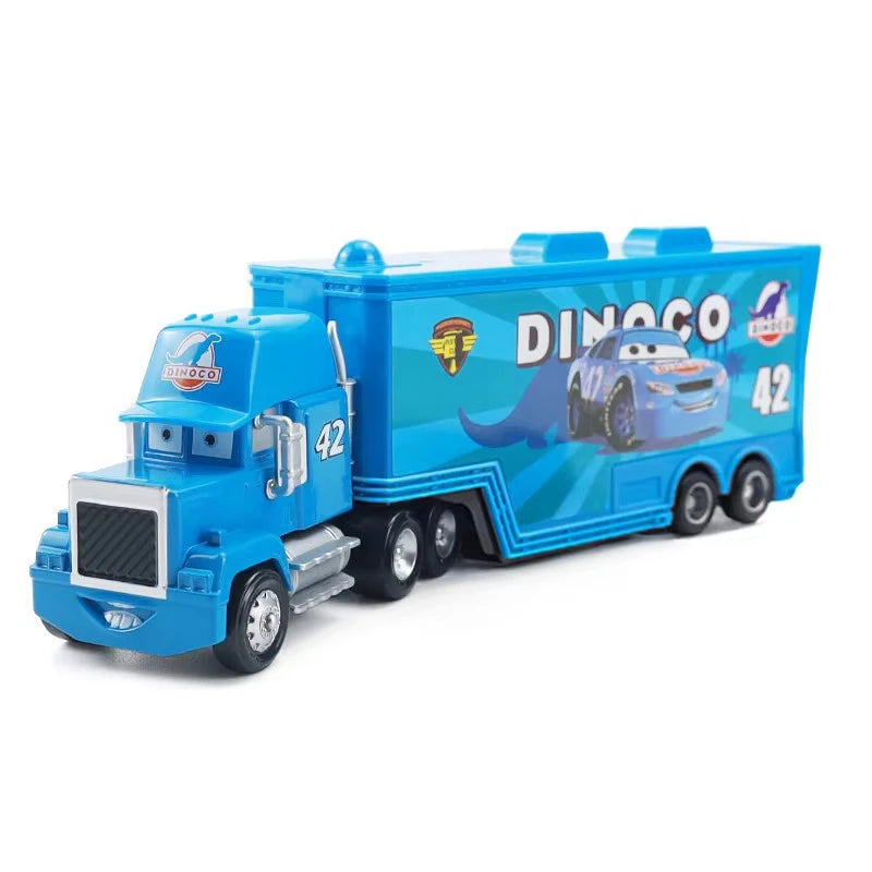 Blue and yellow Diecast toy hauler truck featuring a dinosaur themed logo and a car silhouette.