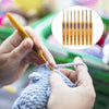 Hands are using a crochet hook to work on blue yarn, with an inset showing an 8-piece ergonomic crochet hook set.