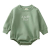 A sage green embroidered cotton baby romper with the text little love on the chest.