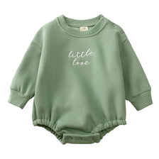 A sage green embroidered cotton baby romper with the text little love on the chest.
