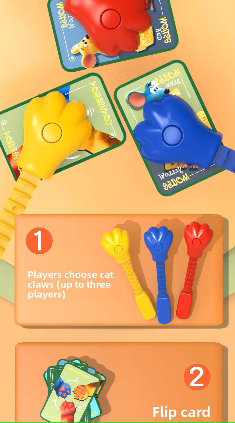 A board game featuring colorful cat and mouse claw pieces and flip cards for players.