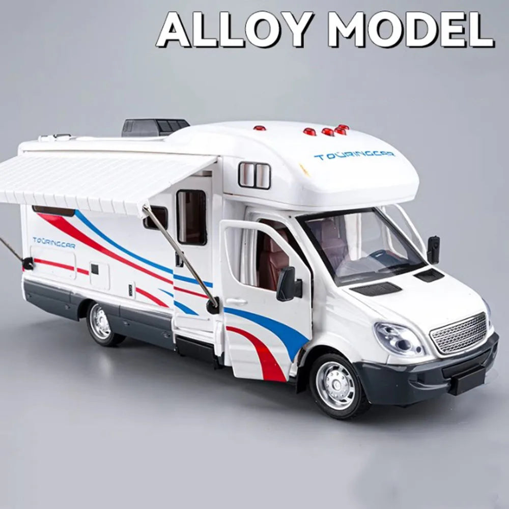 A white and blue diecast model of a touring car camping RV with sound and light effects.