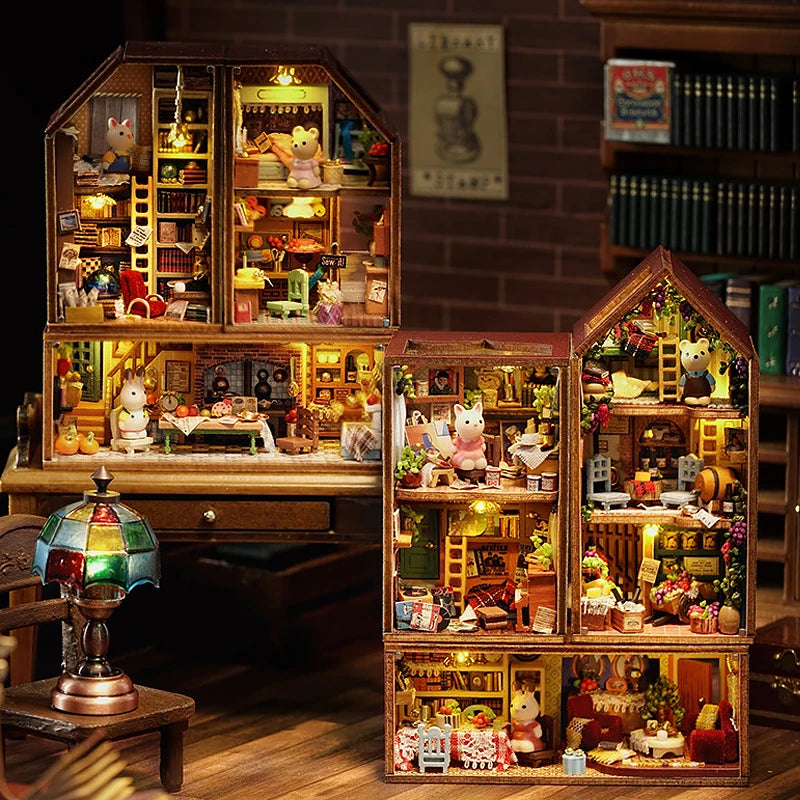 A wooden miniature dollhouse kit featuring detailed furniture and figures displayed in glass cabinets.