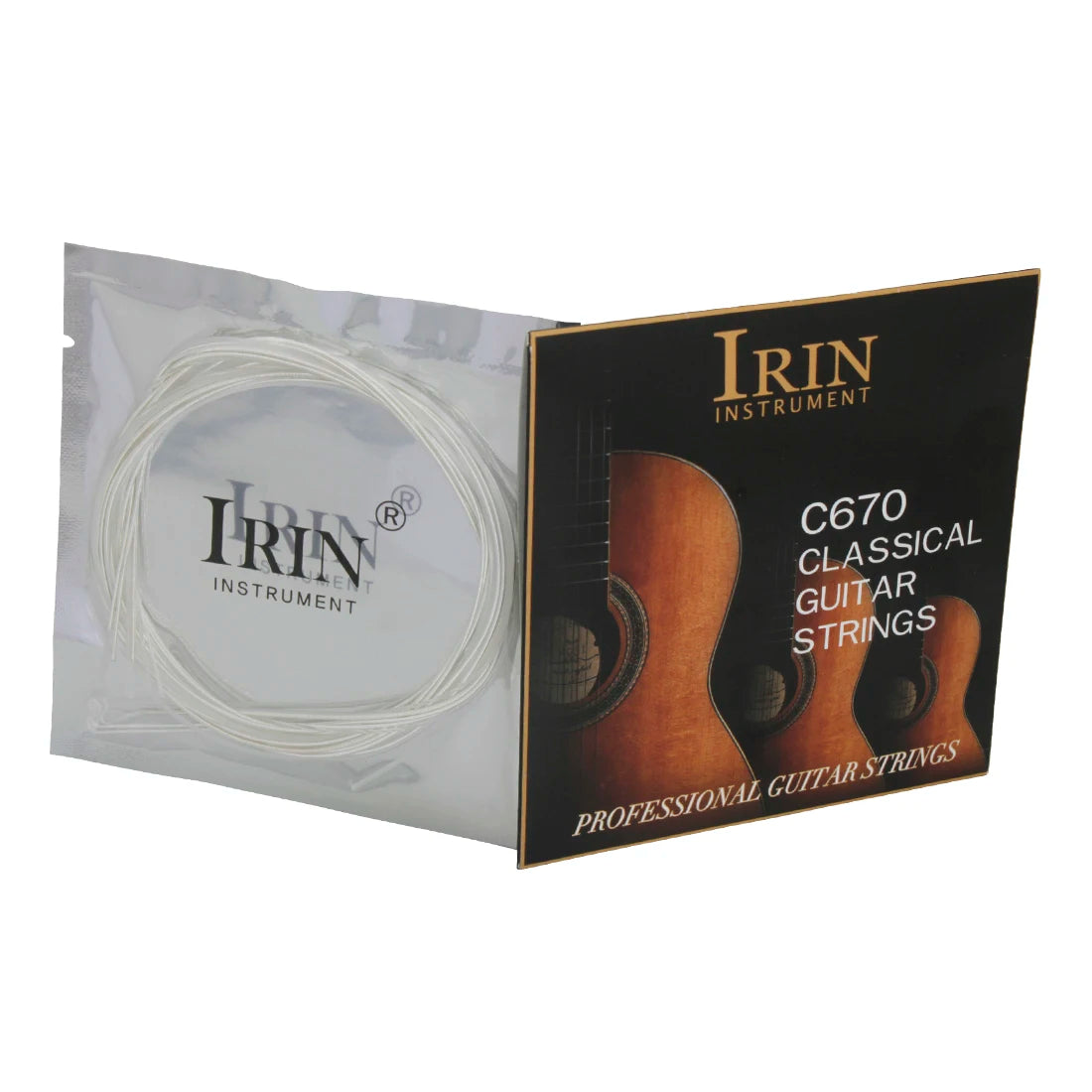 Packaged IRIN C670 classical guitar strings with a transparent nylon core and silver plating.