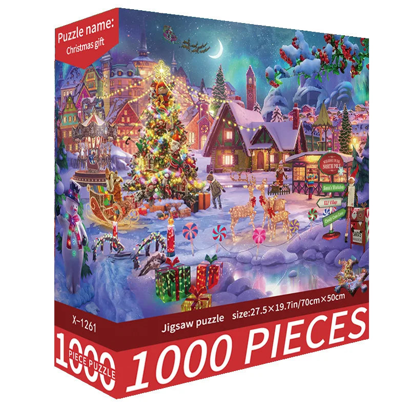 A colorful jigsaw puzzle depicting a festive Christmas village scene with horses and winter scenery.