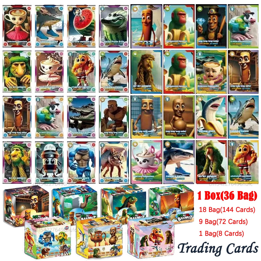 A collection of funny meme brainrot trading cards featuring various humorous characters and graphics.