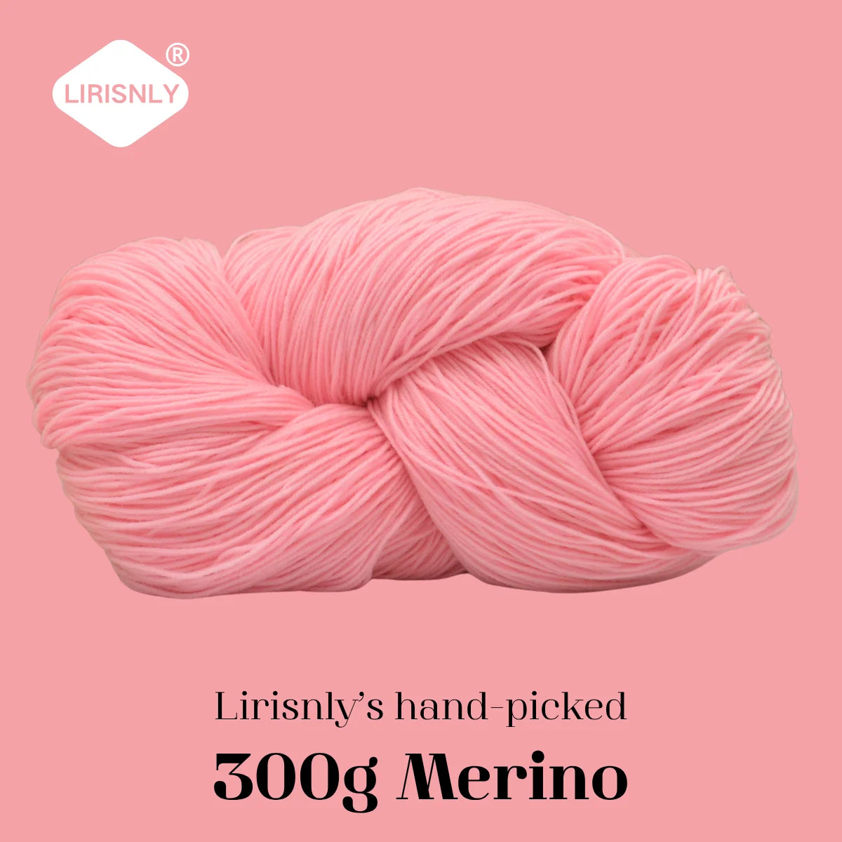 A ball of pink Merino wool yarn labeled Lirisnly, ready for knitting or spinning.