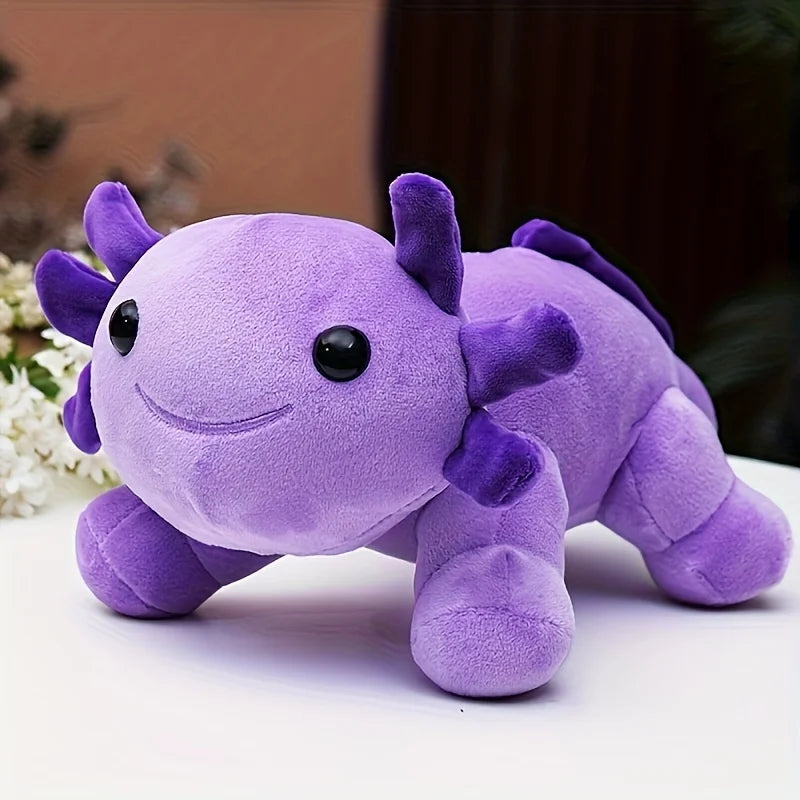 A purple axolotl plush toy with large eyes and soft texture resting on a white surface.