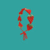 A red strawberry crochet headband with a wide elastic band against a teal background.