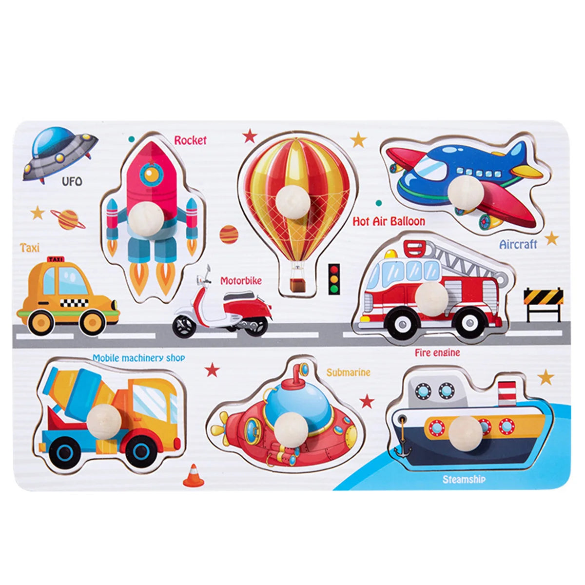 A wooden animal and shape jigsaw puzzle featuring various vehicles like a rocket, taxi, airplane, and submarine.