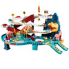 A dinosaur rail car adventure playset featuring a building and parking lot structure.