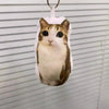 A plush keychain of a cat with brown and white fur is hanging from a silver keyring.