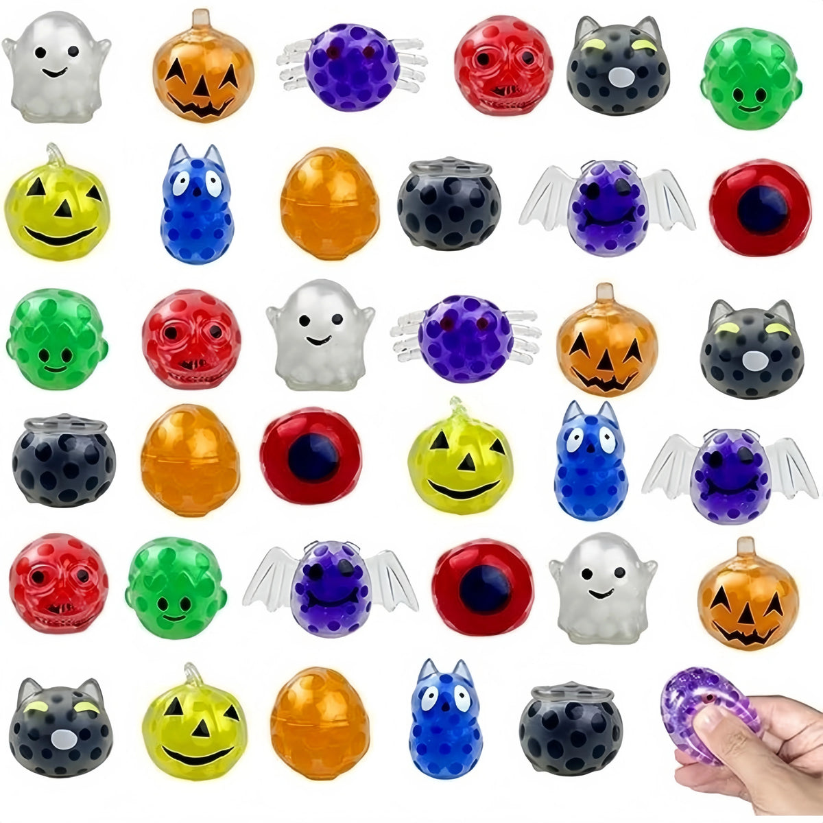 A set of five Halloween squeeze stress balls featuring various spooky and cheerful faces in colors like orange, green, purple