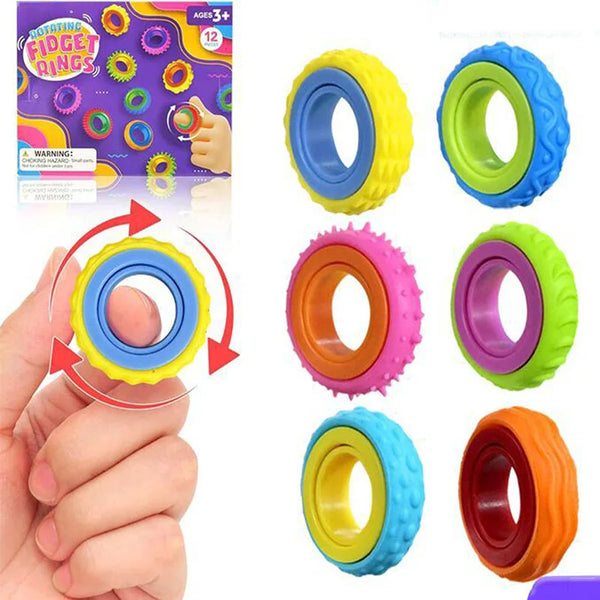 A set of colorful spinning sensory rings and fidget toys for children.