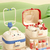 A storage box for a medical toy kit featuring various tools and accessories like bandages and instruments.