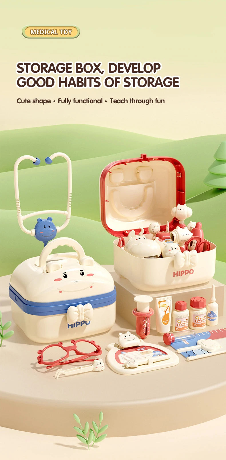 A storage box for a medical toy kit featuring various tools and accessories like bandages and instruments.