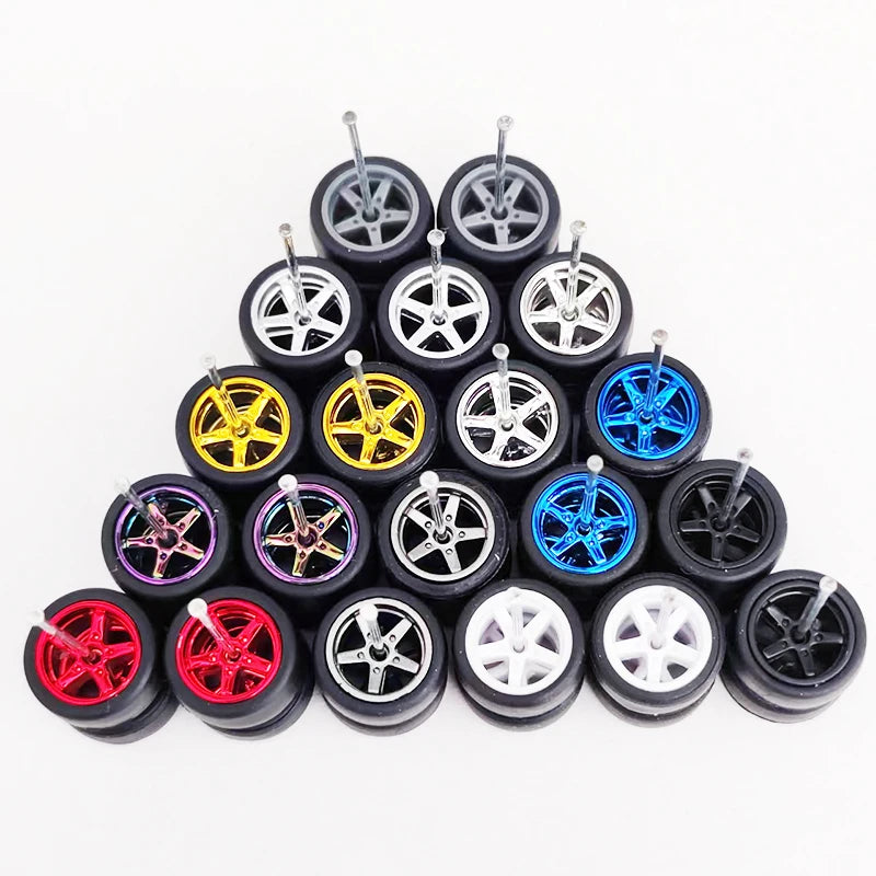 1/64 Scale Alloy Car Wheels with Rubber Tires - 10 Sets