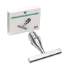 A diamond painting pen with a stainless steel head and a metal applicator shown next to its packaging.