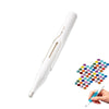 A white diamond painting pen with an automatic bead dispenser is shown next to a hand.