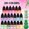 A collection of 20 liquid candle wax pigment colors in glass bottles arranged in a row.