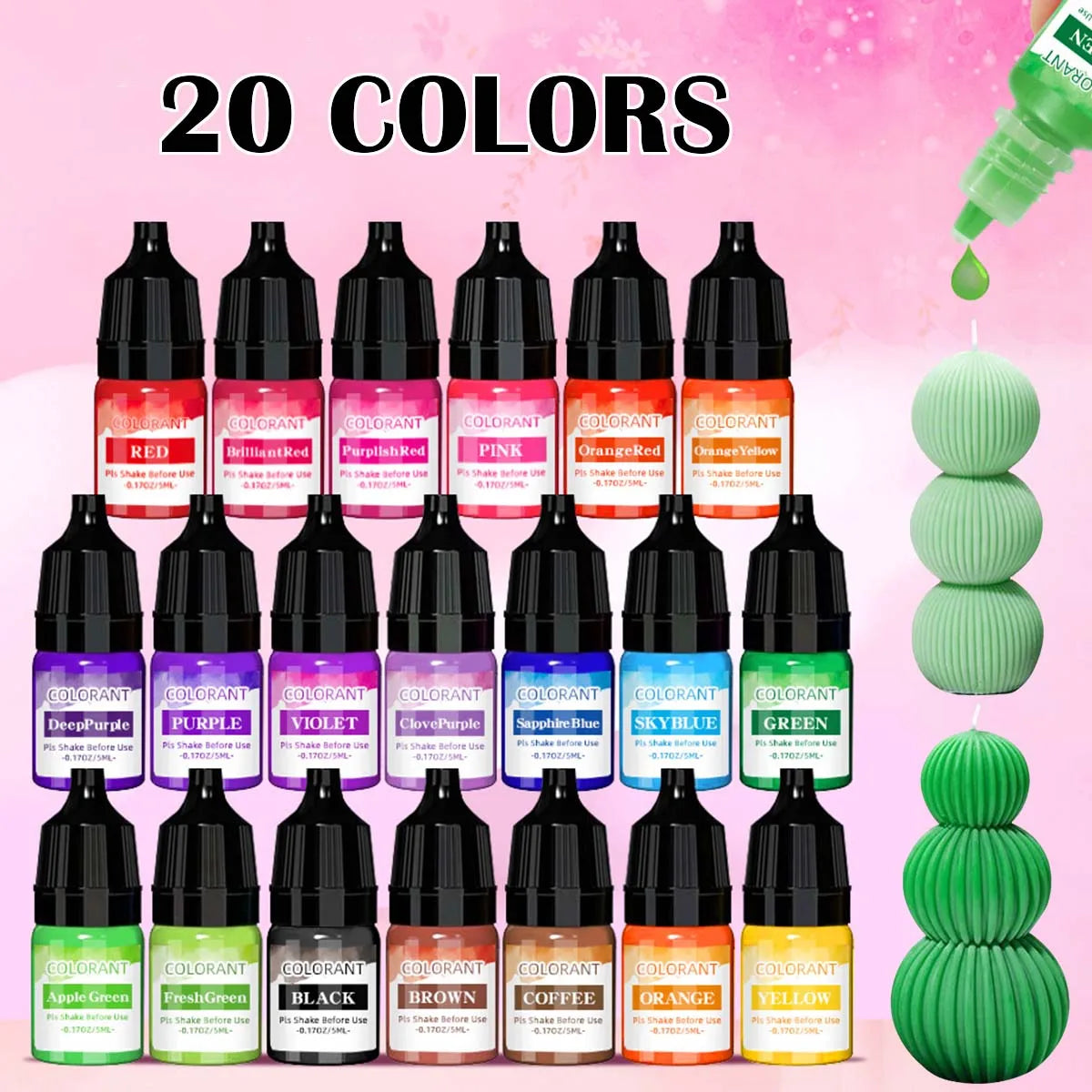 A collection of 20 liquid candle wax pigment colors in glass bottles arranged in a row.