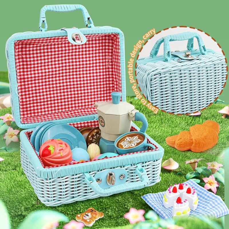A blue and red picnic basket set with cups, food items, and accessories for a pretend play tea party.