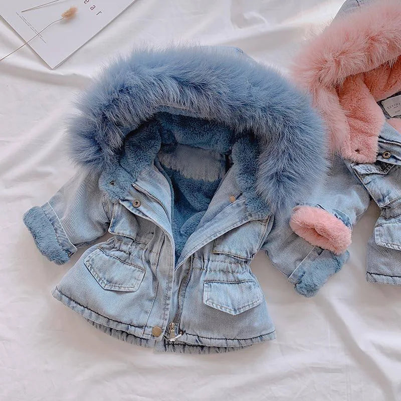 A light blue denim jacket with a fluffy blue faux fur collar and pink lining is displayed on a white surface.