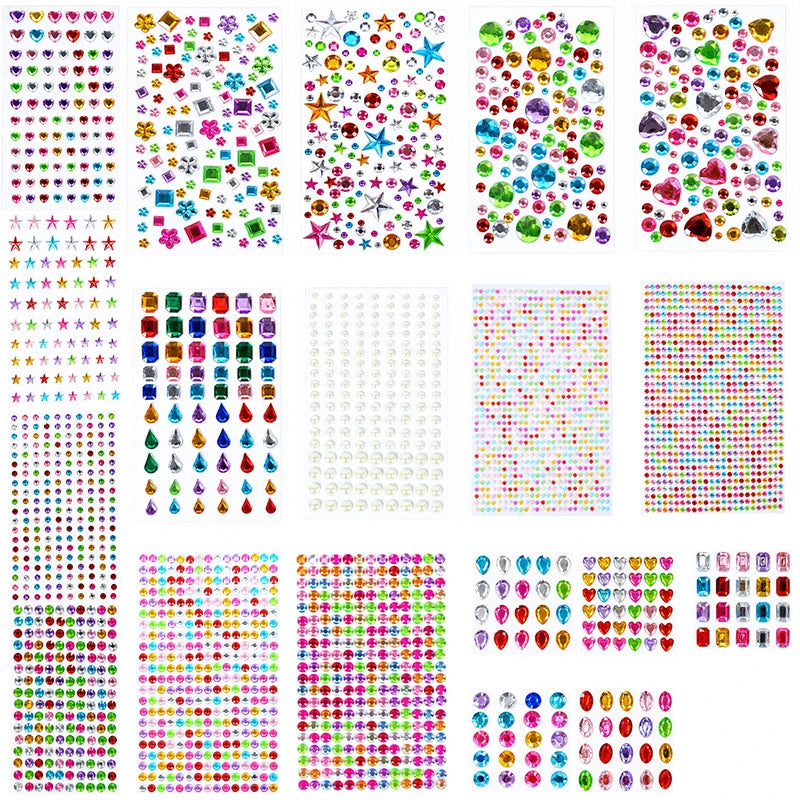 A large collection of colorful self-adhesive acrylic gem stickers for face, nails, and crafts.