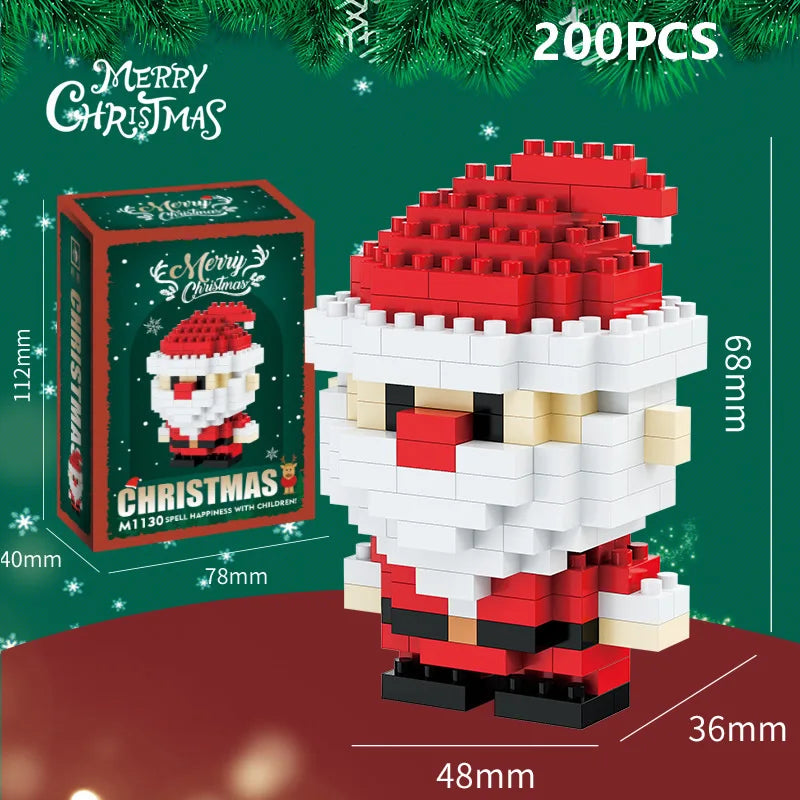 A red and white Santa figure made of micro building blocks, packaged with Christmas greenery.