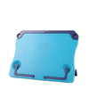 A light blue adjustable portable book stand with a flexible clamp design.