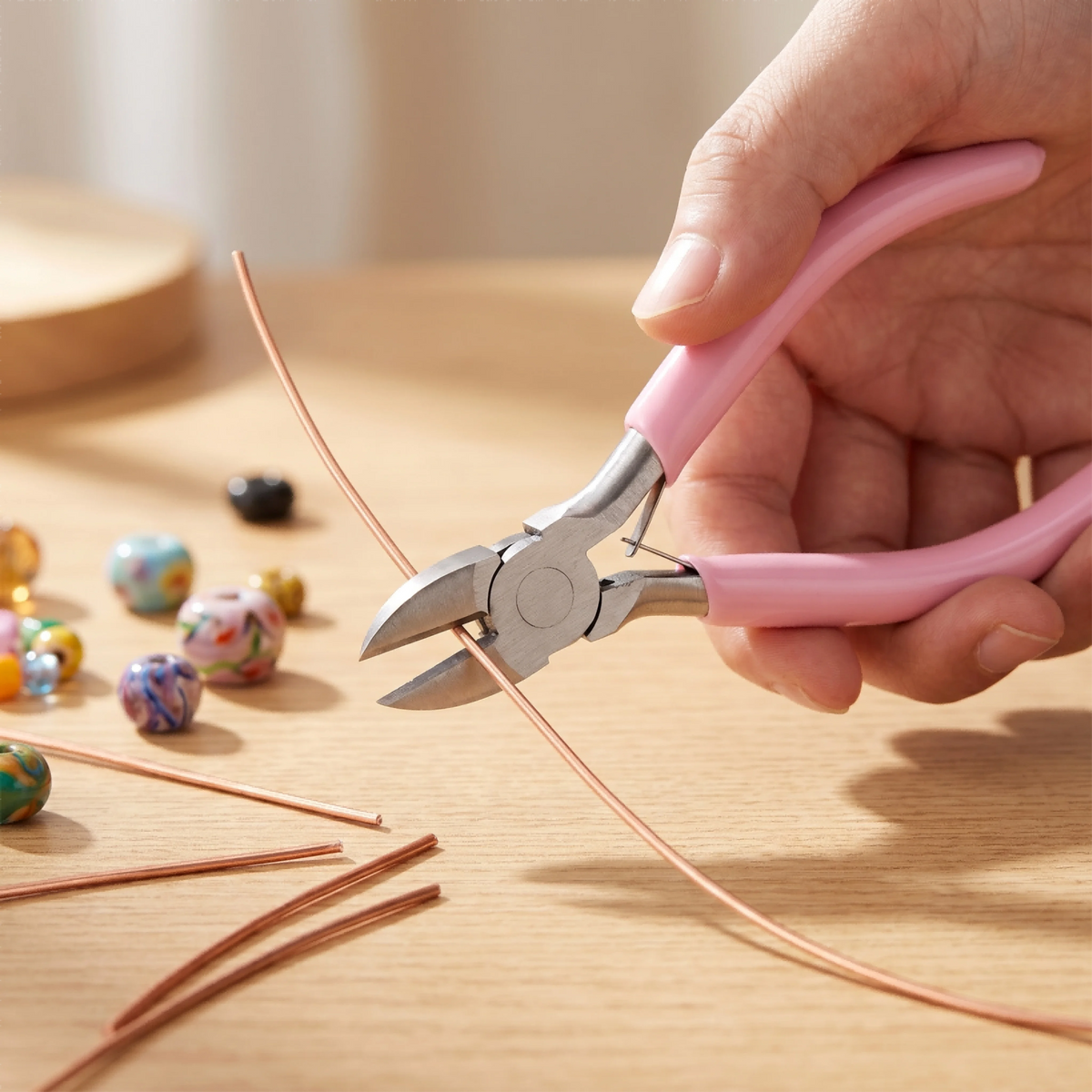 A hand holds pink jewelry pliers, preparing to work on thin copper wire for making jewelry.