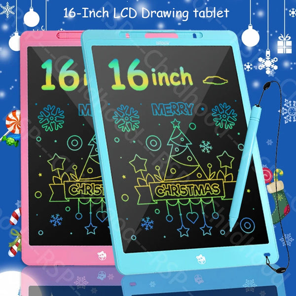 A pink and blue 16-inch LCD drawing tablet displaying Christmas themed drawings on a dark screen.