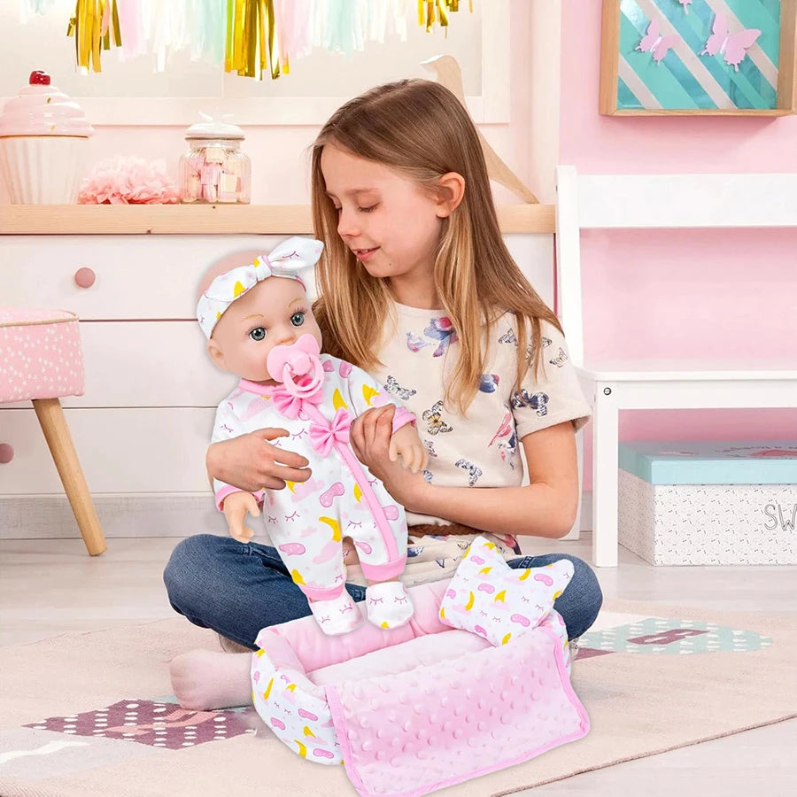 Adorable 8-Inch Silicone Baby Doll with Pink Outfit and Sleeping Bag
