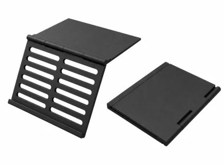 A black foldable Mahjong card holder with a non-slip stand shown in two views.