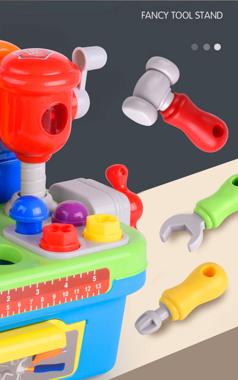 A set of kids' interactive toy drill and tool stand featuring red, white, and green components for play.