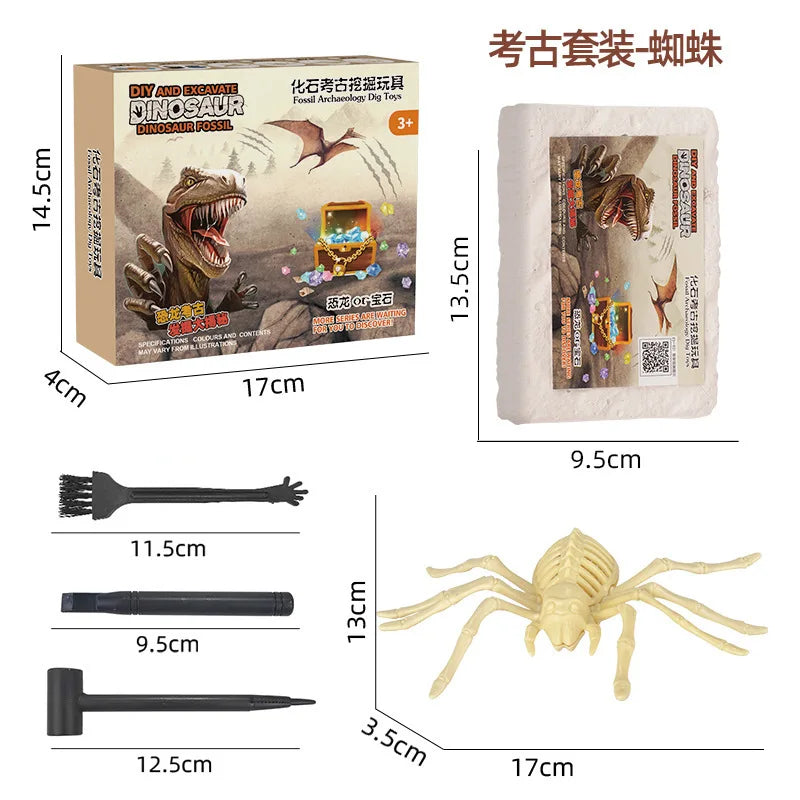 A set of dinosaur fossil excavation tools and a fossil replica for kids
