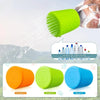 Three silicone pet shower heads in orange, green, and blue are shown for washing dogs and cats.